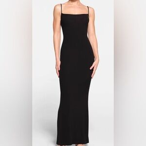 Skims Soft Lounge Long Modal Slip Dress Ribbed in Onyx Black NWT